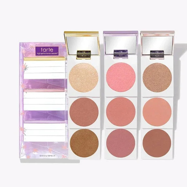 Multi-shade cheek blush palette with nine matte and shimmer blush colors in open packaging