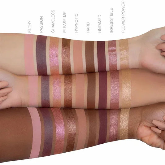 Nude eyeshadow palette swatches on diverse skin tones, showing shimmer and matte shades.