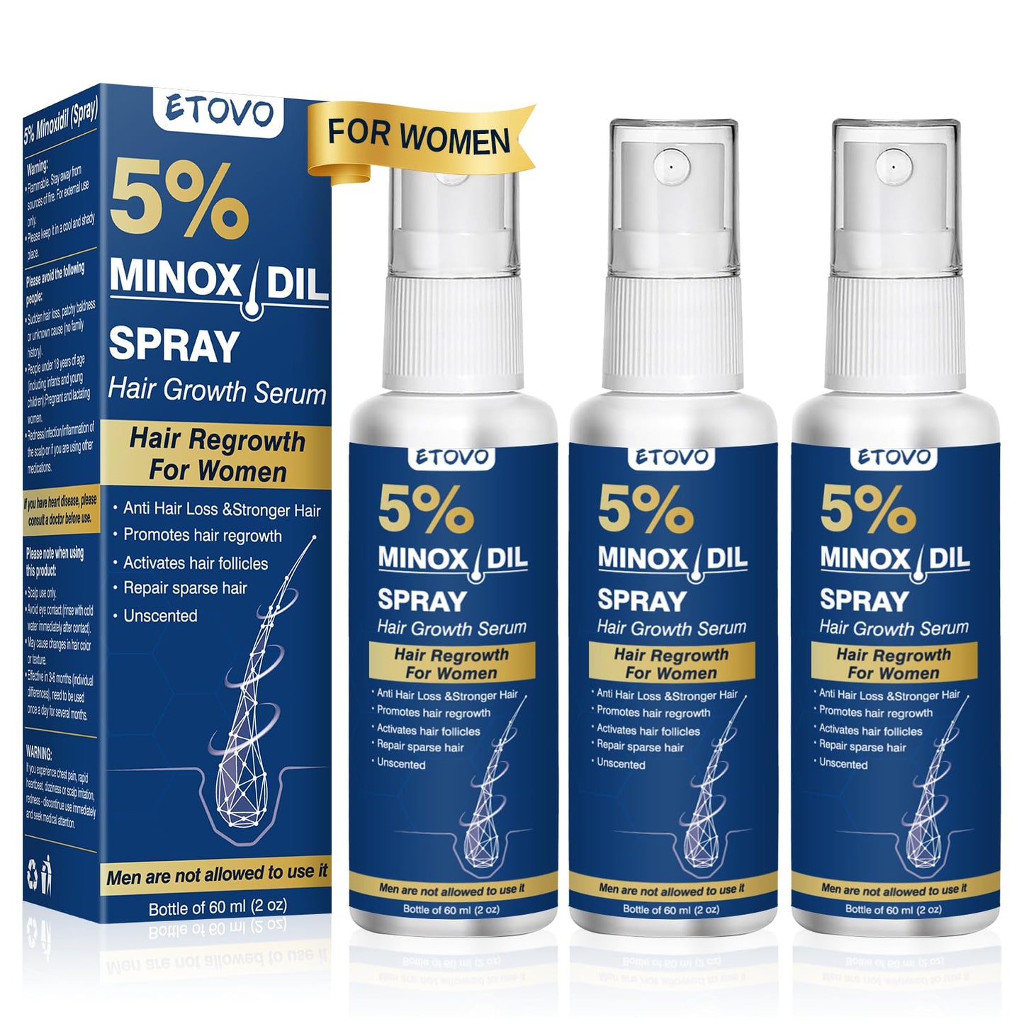 Etovo - 5% Minoxidil for Women Hair Growth Spray Serum - 3 Bottles image 0