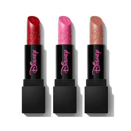 Set of three Disney-themed lipsticks in red, pink, and nude shades, black square tubes