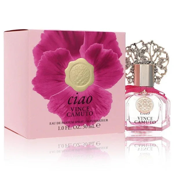 Pink floral perfume box and elegant clear perfume bottle with ornate silver cap, 30ml size.