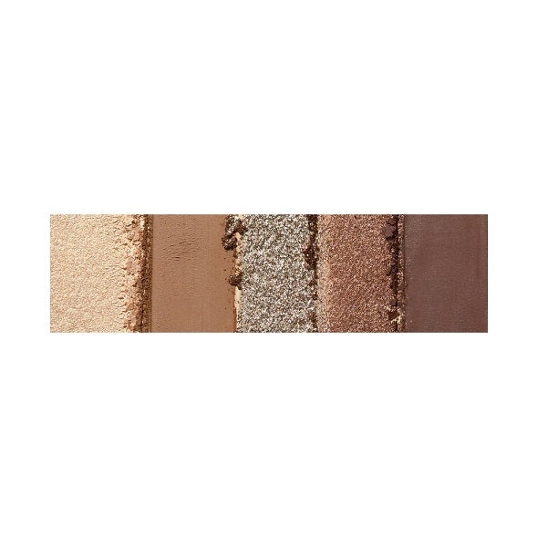 Pressed powder eyeshadow palette swatches in neutral brown and shimmer shades on white background