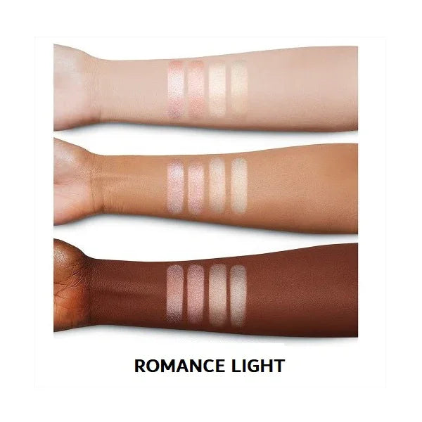 Pillow Talk Multi Glow Highlighter Romance Light swatched on three skin tones.