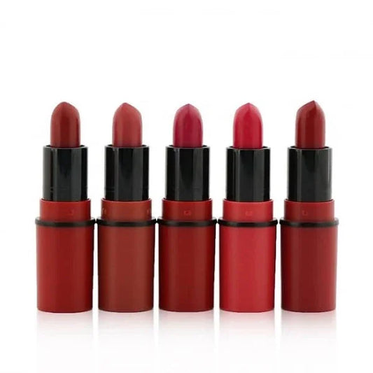 Set of five mini matte lipsticks in assorted red and pink shades, upright on a white background
