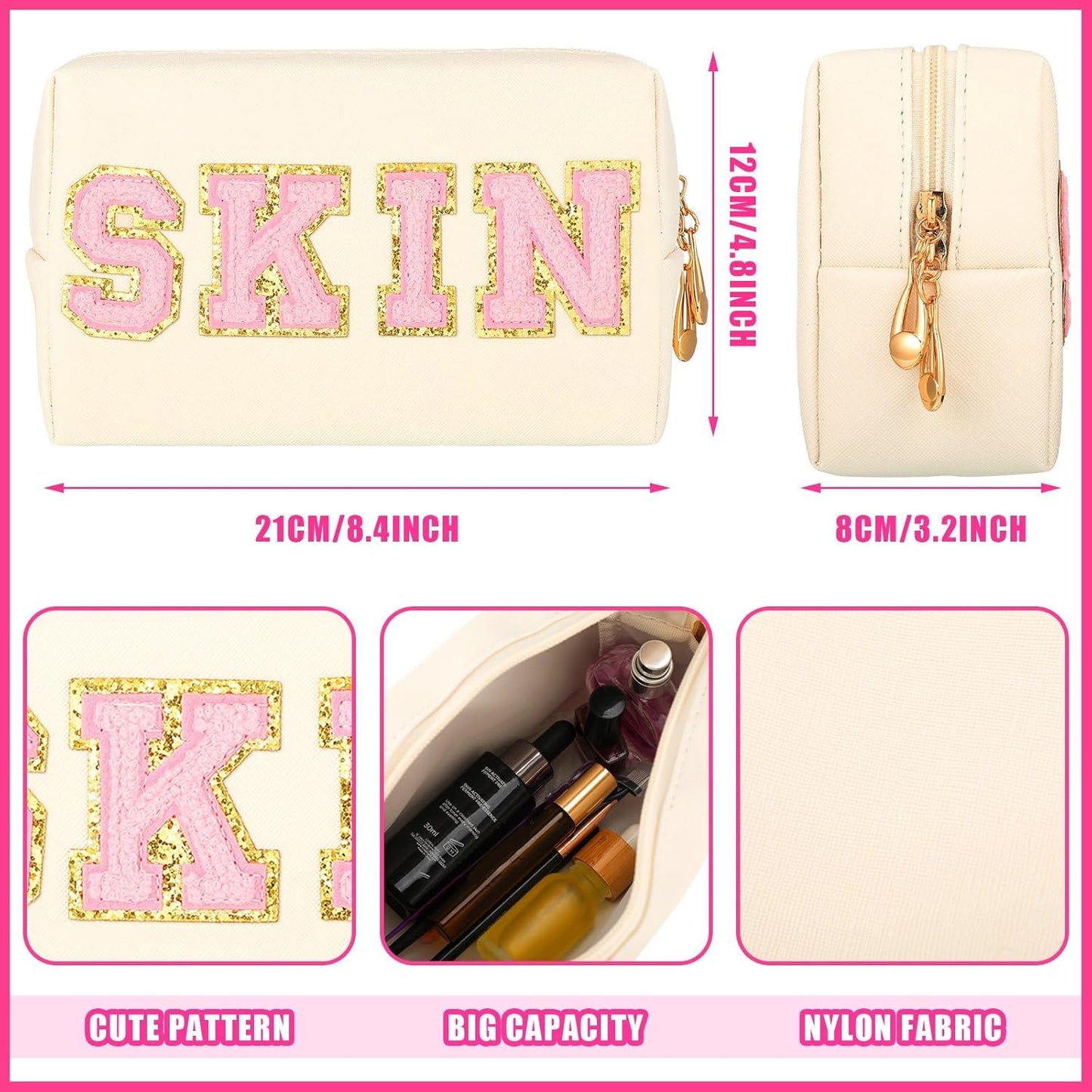 SHEHARUHI - 2 PCS Preppy Makeup Bags, Cute Chenille Letter Patches Cosmetic Bag Set PU Leather Waterproof Bags Portable Zipper Toiletry Bags Gifts for Teen Girls and Women