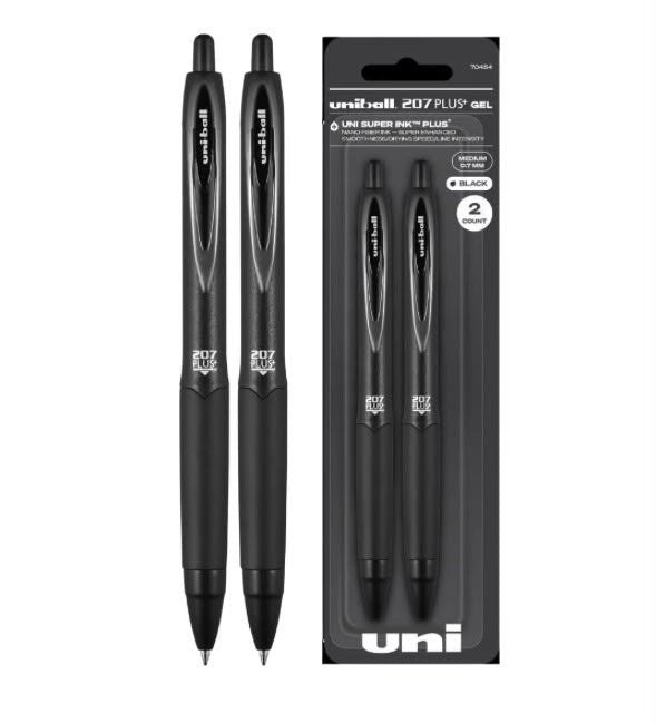 uniball 207 Plus+ Retractable Gel Pen, Medium Point, 0.7 mm, Black Ink, 2 Pack
