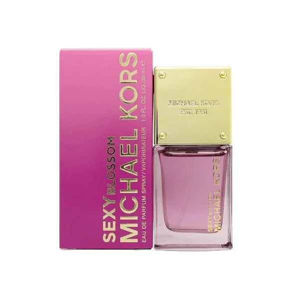 Pink Michael Kors Sexy Blossom perfume bottle and box, 30ml, gold cap, floral fragrance.