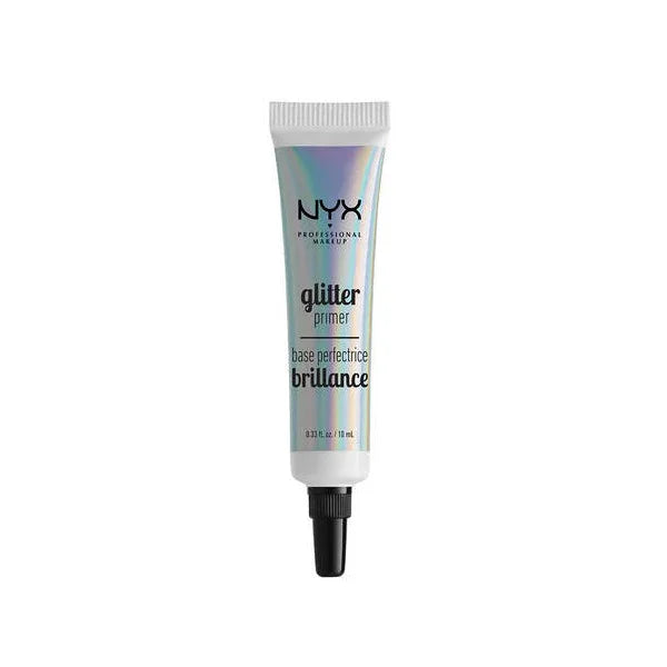 NYX glitter primer tube with holographic label and black twist cap on white background