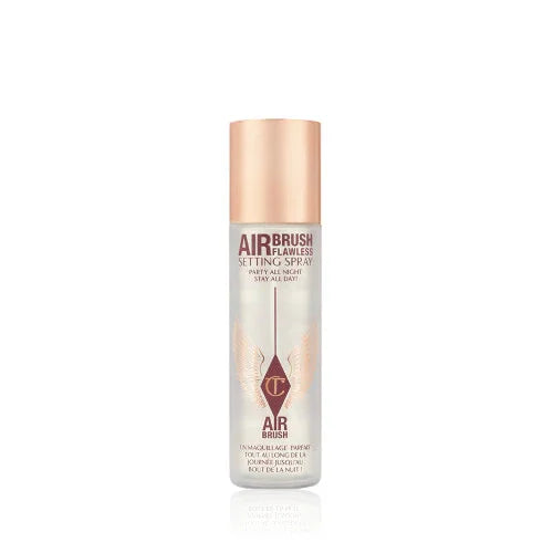 Setting spray bottle with rose gold cap and clear body on white background