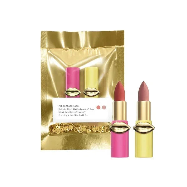 Mini matte lipstick duo in pink and nude shades with gold lips packaging and gold pouch