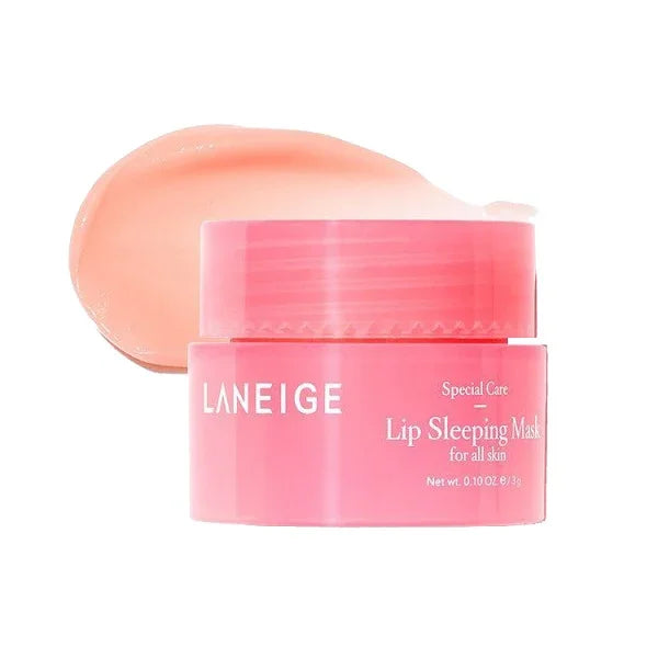 Pink Laneige Lip Sleeping Mask jar with creamy balm swatch, skincare product