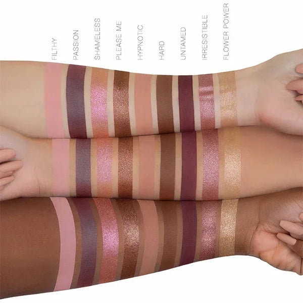 Nude eyeshadow palette swatches on diverse skin tones, showing shimmer and matte shades.