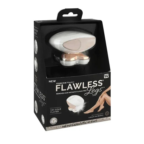 Finishing Touch Flawless Legs hair removal device boxed, with gold accents and women's legs image