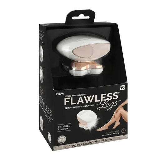 Finishing Touch Flawless Legs hair removal device boxed, with gold accents and women's legs image