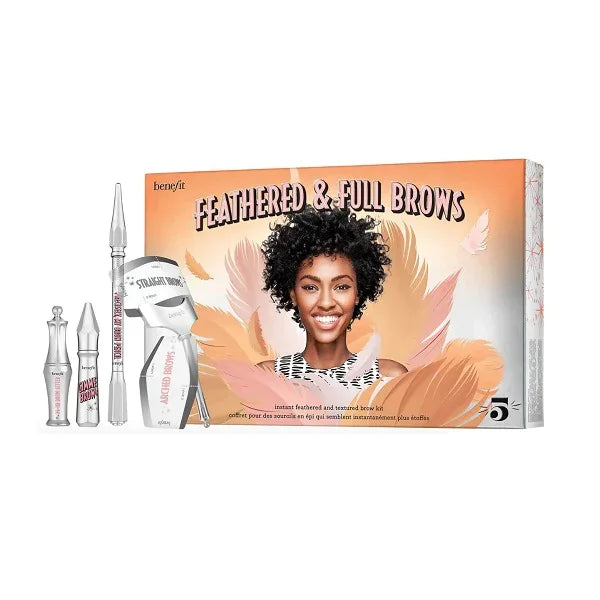 Feathered & Full Brows eyebrow kit with brow makeup products and a smiling woman on the box