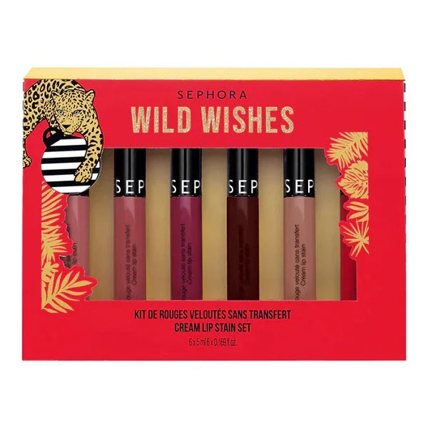 Red box set containing six cream lip stains in assorted shades, labeled Wild Wishes.