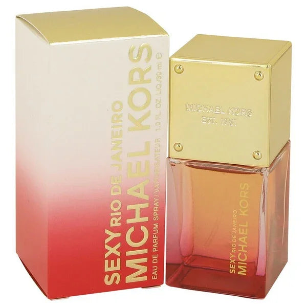 Perfume bottle and box with gold cap and gradient pink design, labeled 'Sexy Rio De Janeiro'.