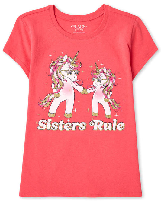 The Children’s Place  Girls Unicorn Sisters Graphic Tee - coral (7/8 Years) | Pakistan image 0