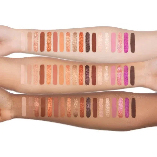Cinnamon Swirl eyeshadow swatches on three skin tones, showing matte and shimmer shades.