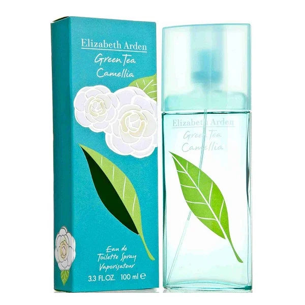 Green Tea Camellia perfume bottle and box with floral and leaf design, 100ml