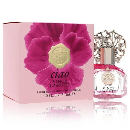 Pink floral perfume box and elegant clear perfume bottle with ornate silver cap, 30ml size.