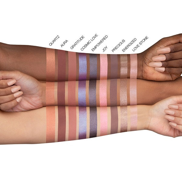 Rose quartz eyeshadow palette swatches on different skin tones, showing shimmer and matte shades.
