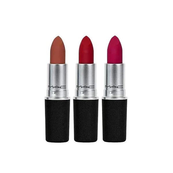 Trio of MAC lipsticks in nude, red, and pink shades with black and silver tubes