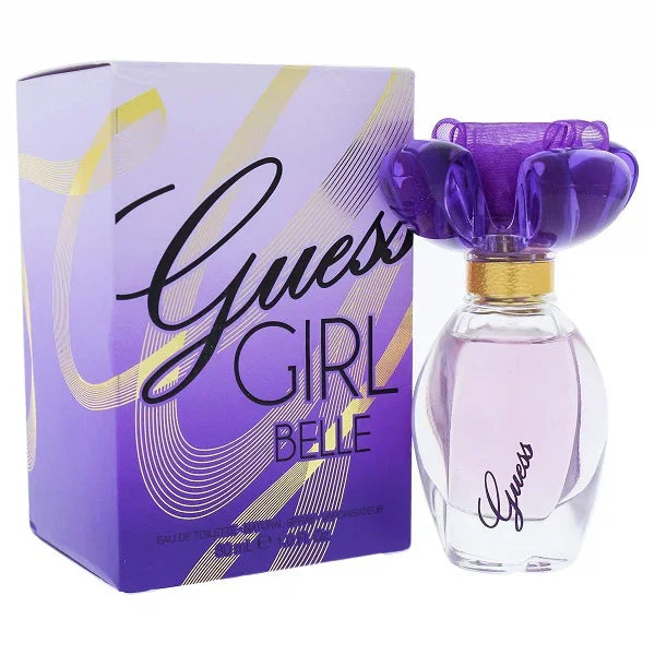Purple Guess Girl Belle perfume bottle and box, 30ml, with decorative floral cap