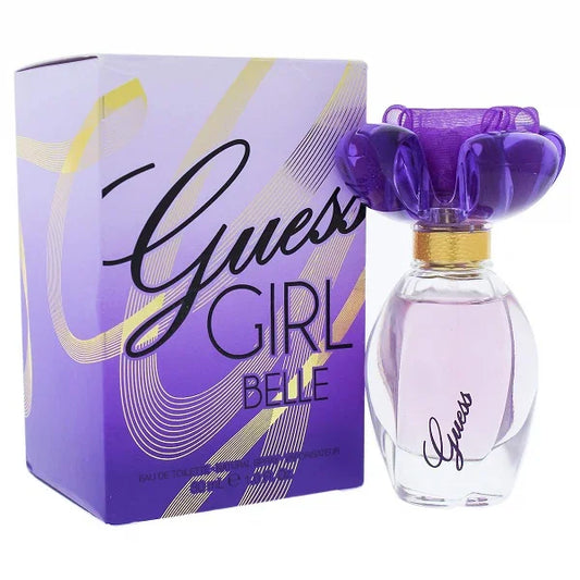 Purple Guess Girl Belle perfume bottle and box, 30ml, with decorative floral cap