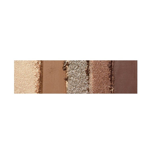 Pressed powder eyeshadow palette swatches in neutral brown and shimmer shades on white background