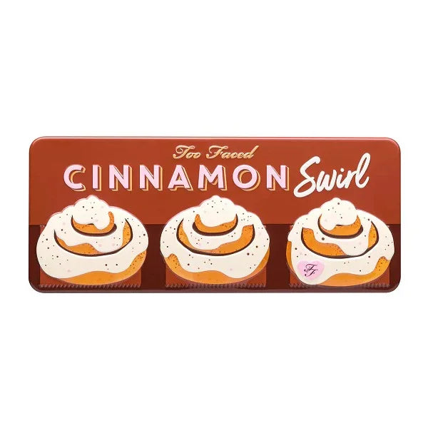 Rectangular makeup palette tin with cinnamon rolls and text 'Cinnamon Swirl' on the lid