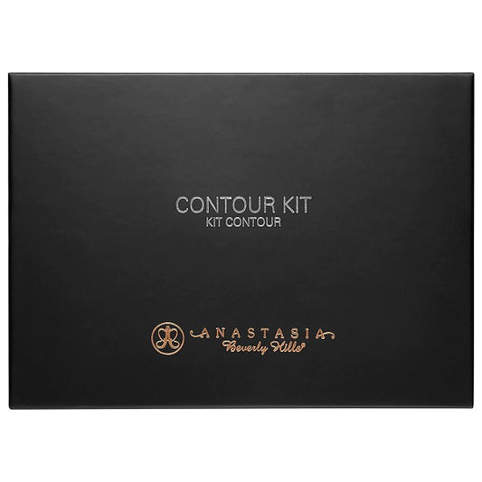 Black makeup contour kit palette with gold and silver text on the lid
