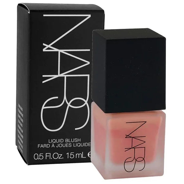 Peachy pink liquid blush in frosted glass bottle with black cap and outer box.