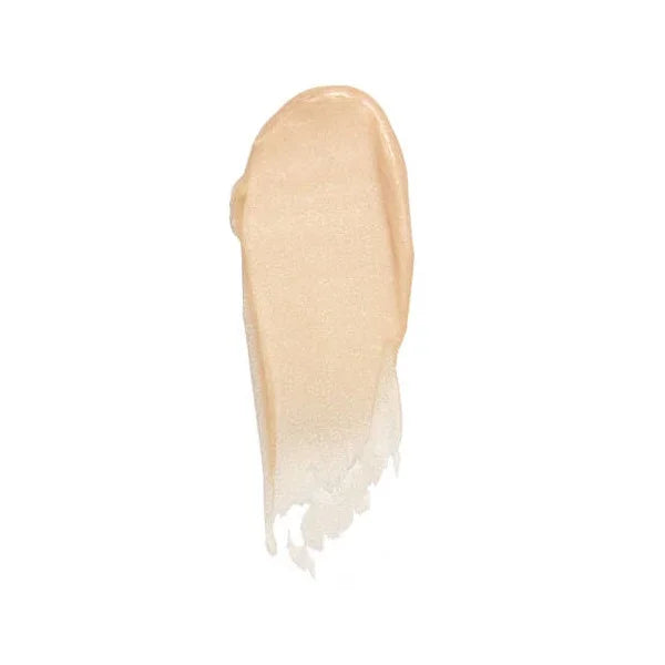 Beige shimmery cream makeup swatch on white background, glitter primer texture