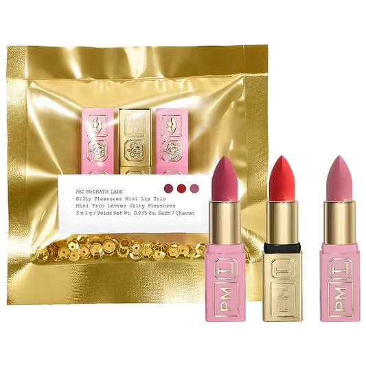Mini lip trio set in gold packaging with three pink and gold bullet lipsticks in assorted shades