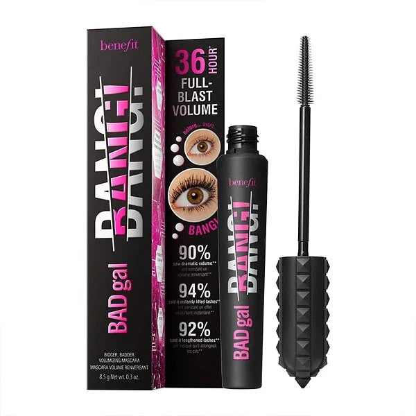 Volumizing mascara with brush, black tube, and product box highlighting 36-hour full-blast volume results.