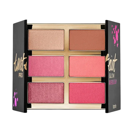 Six-pan powder palette with blush and highlighter shades in pink, peach, brown and gold tones