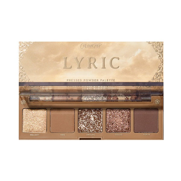 Neutral and glittery pressed powder eyeshadow palette with five shades, Lyric edition