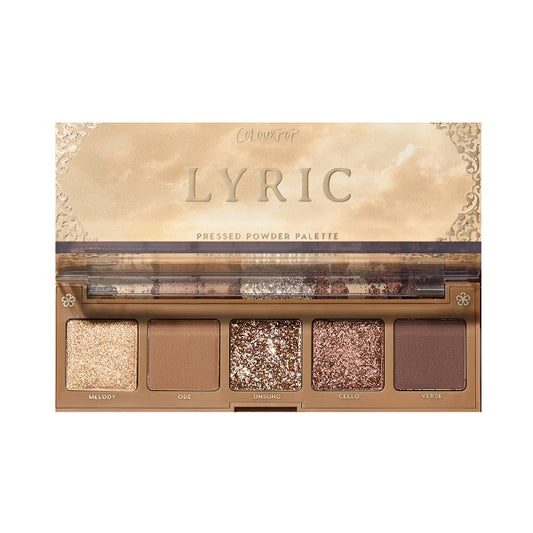 Neutral and glittery pressed powder eyeshadow palette with five shades, Lyric edition