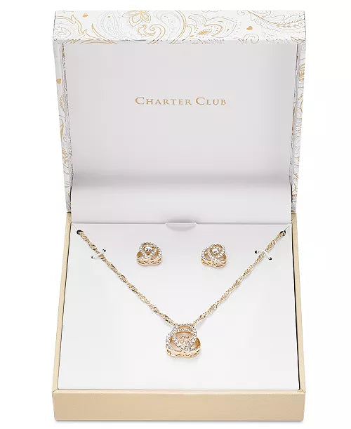 Charter Club Gold-Tone Pavé Knot Pendant Necklace & Stud Earrings Set image 0