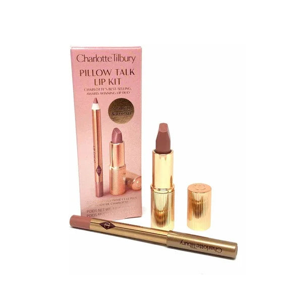 Pillow Talk lip kit with nude lipstick, matching lip liner, and pink box packaging.