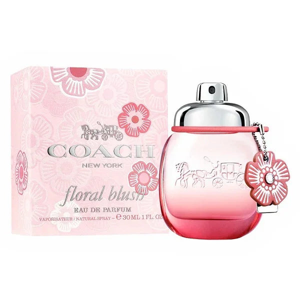 Pink floral perfume bottle and box with flower charm and coach carriage design