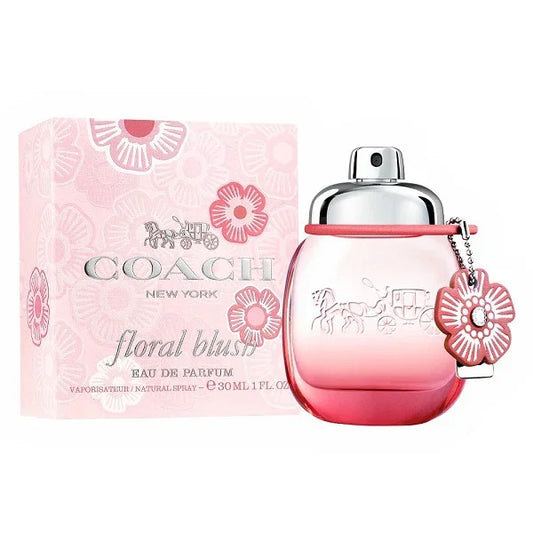 Pink floral perfume bottle and box with flower charm and coach carriage design