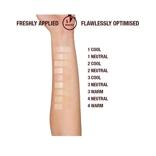 Arm displaying swatches of foundation shades labeled cool, neutral, and warm tones
