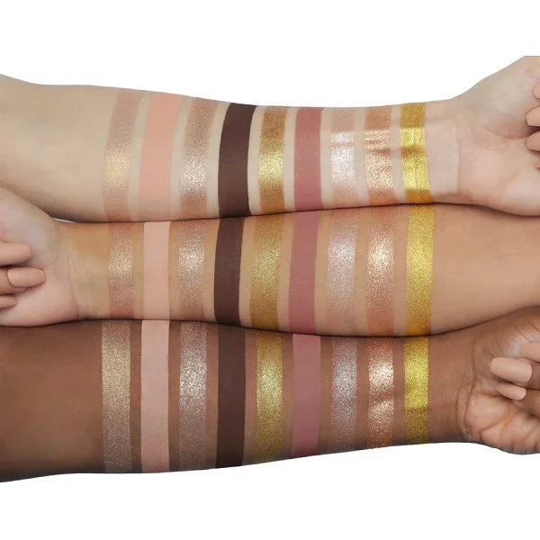 Gold eyeshadow palette swatches on different skin tones, featuring nude, brown, and metallic shades.