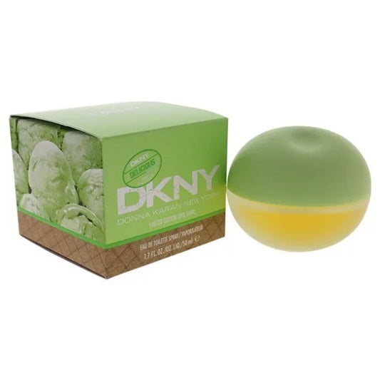 Limited edition DKNY Cool Swirl perfume with green and yellow round bottle and matching box.