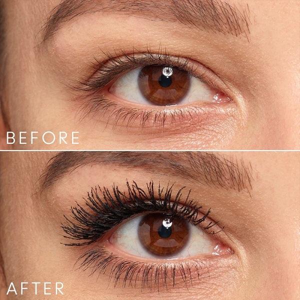 Before and after close-up of an eye showing natural lashes and dramatic mascara effect