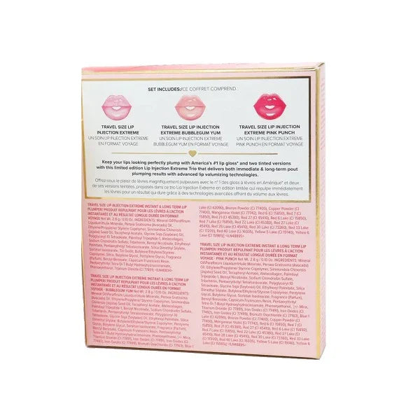 Back of a lip gloss gift set box showing product descriptions and three lip shades.