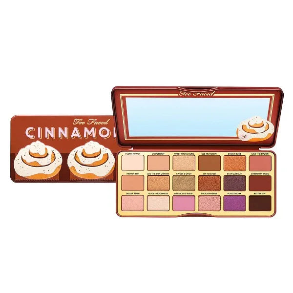 Cinnamon Swirl eyeshadow palette with mirror and 18 colorful makeup shades, cinnamon bun design on lid.