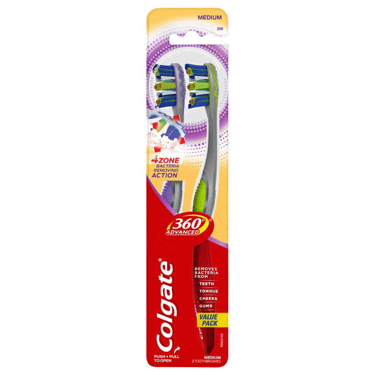 Colgate 360 Advanced 4 Zone Manual Toothbrush with Tongue and Cheek Cleaner, Medium, 2 Ct image 0